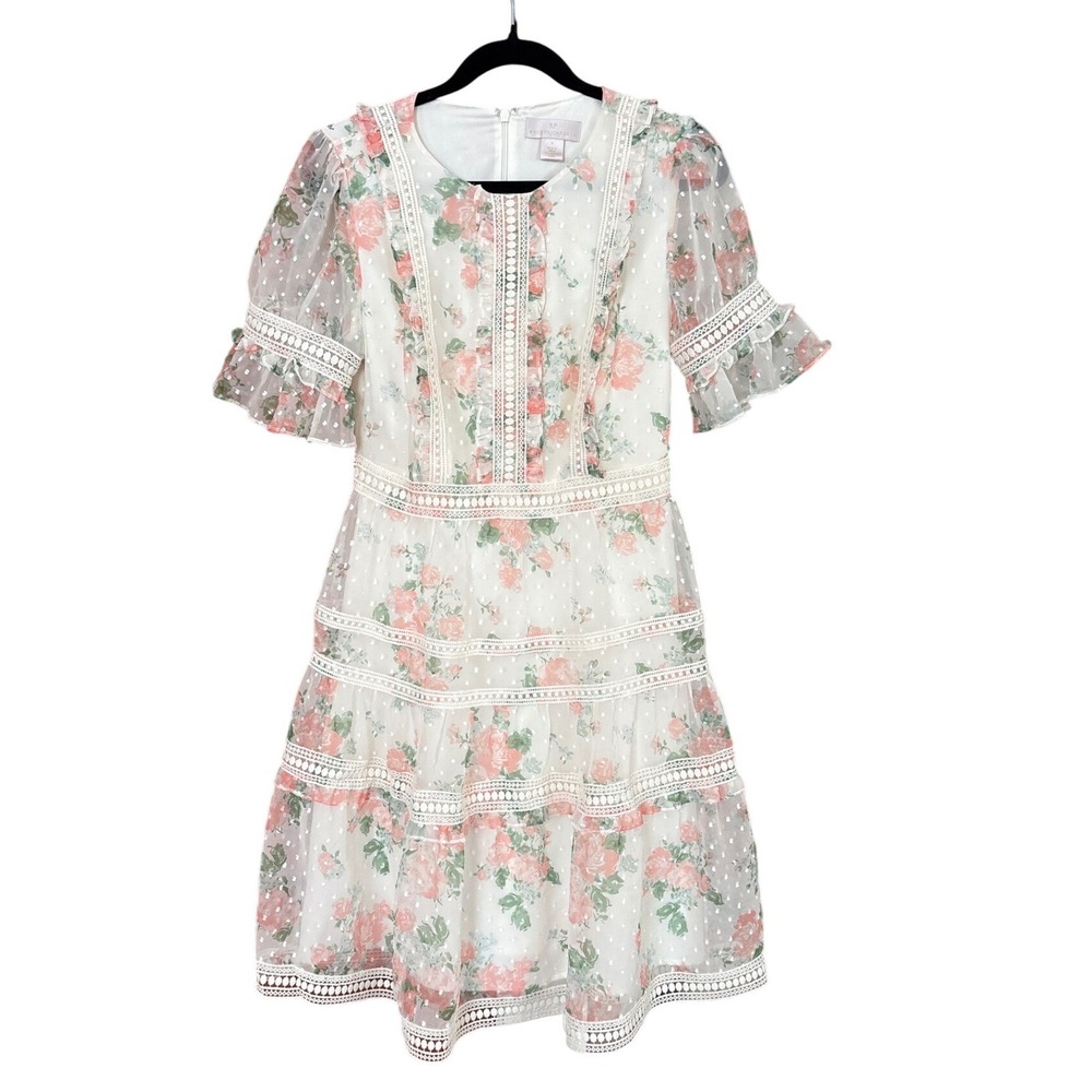 Rachel Parcell Floral‎ Mini Dress Womens White Pink Excellent Lace Tiered SIZE S